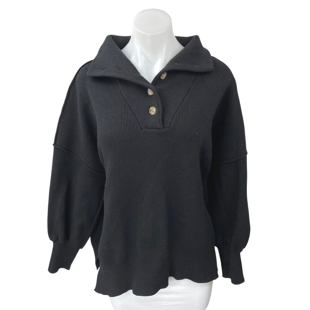 Lillusory Women's Black Oversized Knit Collared Polo Pullover Sweater Top Size M